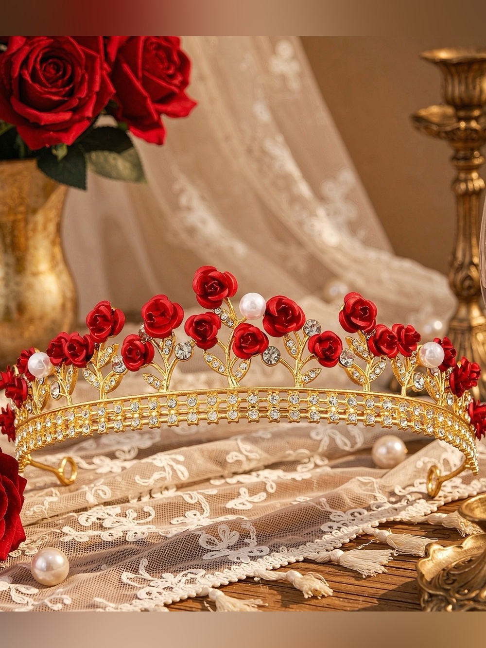 Gold Red Rose Pearl Tiara Crown - Women Accessories